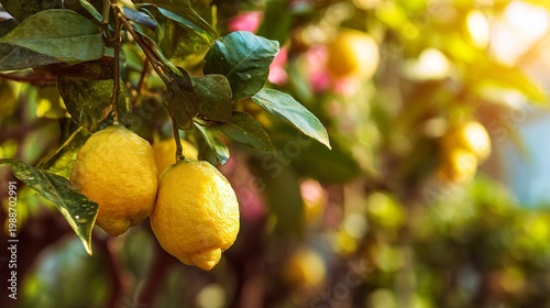 Lemons  on a tree branch in garden.