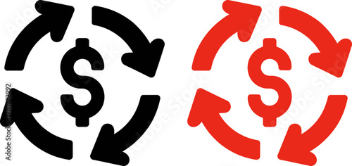Circular arrows around dollar sign in black and red symbolizing currency exchange.