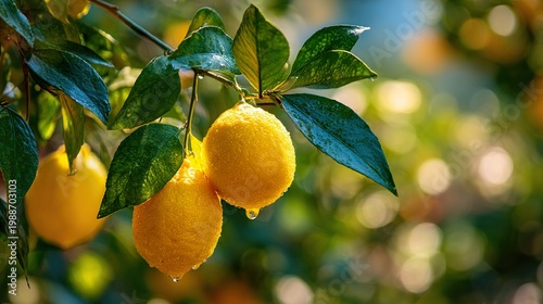 Lemons  on a tree branch in garden.