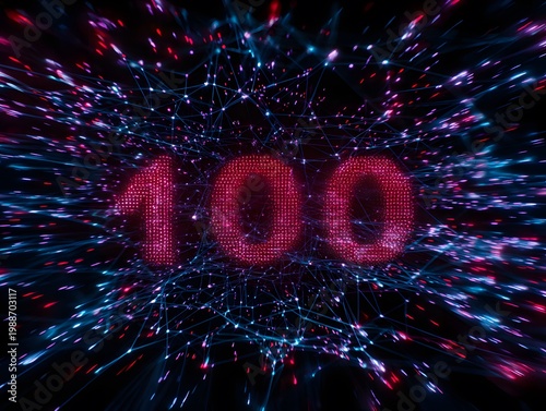 Digital Era's Century: A mesmerizing digital representation showcases the number 100 in a vibrant and dynamic display, with intricate network connections swirling around it.