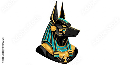 Anubis Egyptian God Bust Sculpture with Intricate Details and Golden Accents.
