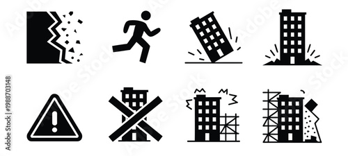 Building collapse hazard icons illustration, stick figure silhouettes with cracked walls debris and evacuation symbols for safety and emergency design.