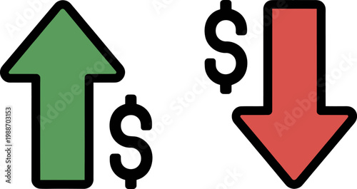 Currency value movement illustration with green upward and red downward arrow and dollar.