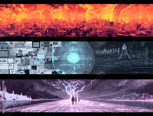 Visions of Realms: A triptych showcases three distinct artistic renditions, each presenting unique perspectives on conceptual realms, including a city ablaze, a futuristic digital sphere.