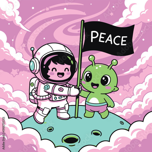 A cute cartoon astronaut and a friendly green alien standing together on a moon, holding a black flag that says PEACE.