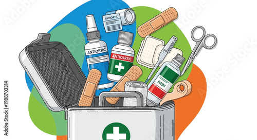 First aid kit with medical supplies and equipment for emergency care