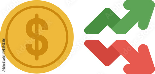 Gold coin with intertwined green and red arrows showing market fluctuations.