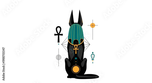 Anubis Egyptian god of afterlife sitting with ancient symbols.