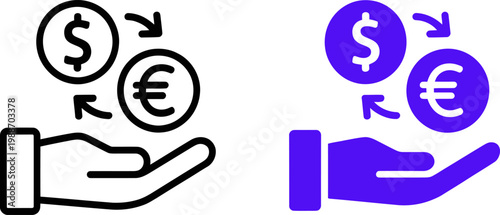 Hand exchanging dollar and euro coins illustrating currency conversion on transparent background.