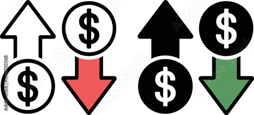Money transaction and exchange rate icon set with dollar symbol and colored up down arrows.