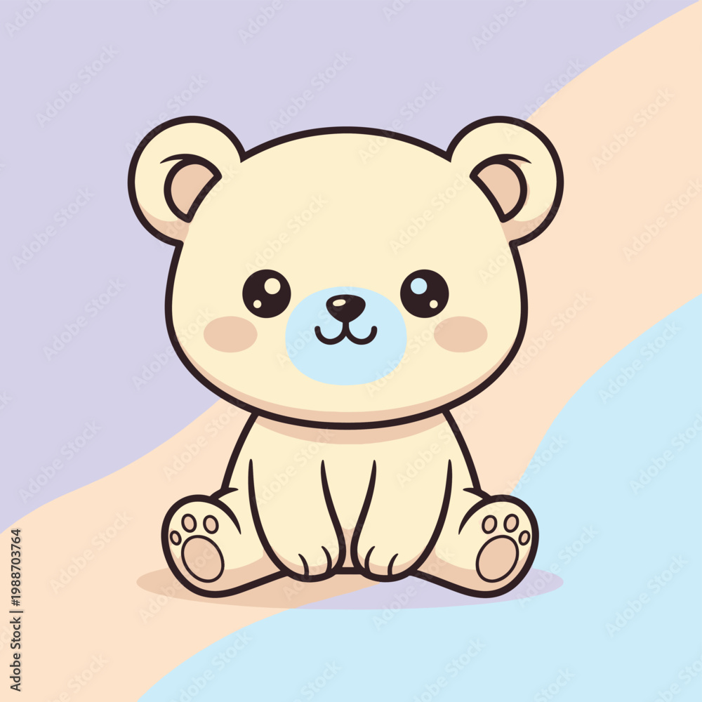 Obraz premium A cute, cream-colored cartoon bear cub sitting down with big shiny eyes, a blue nose, and pink cheeks.