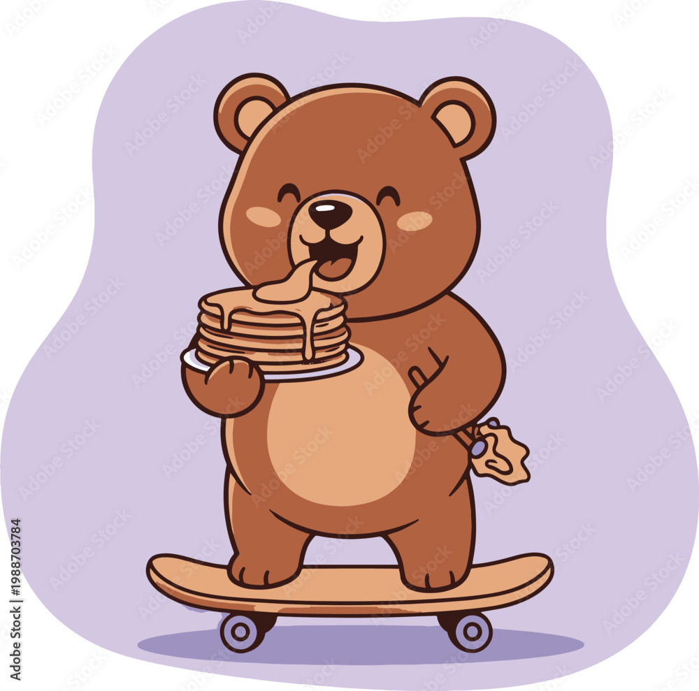 Obraz premium A cute cartoon brown bear happily licking syrup from a stack of pancakes while on a skateboard.