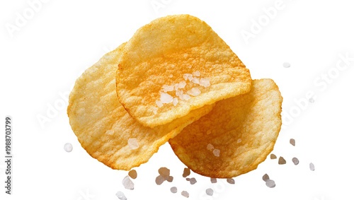 Obraz na płótnie Golden potato chips sprinkled with coarse sea salt, isolated on transparent back