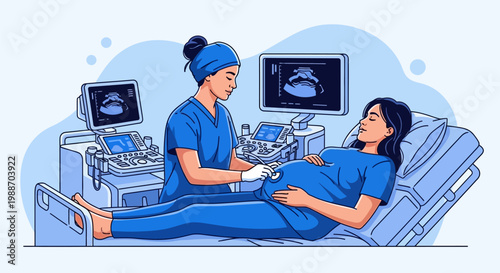 Medical professional performing ultrasound on pregnant woman.