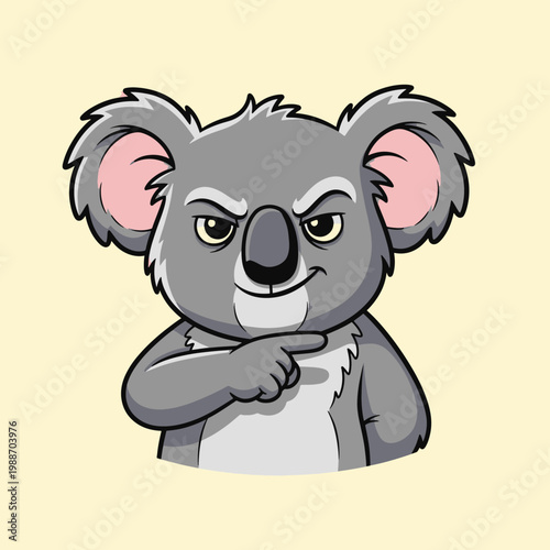 A cunning cartoon koala with a mischievous expression, pointing its finger while deep in thought.