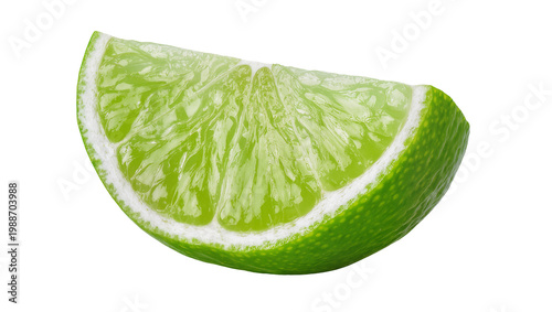 Foto Bright green lime wedge with textured peel, isolated on transparent background