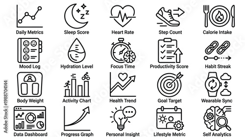 Health and wellness line icon set for self-care apps and fitness tracking dashboards.