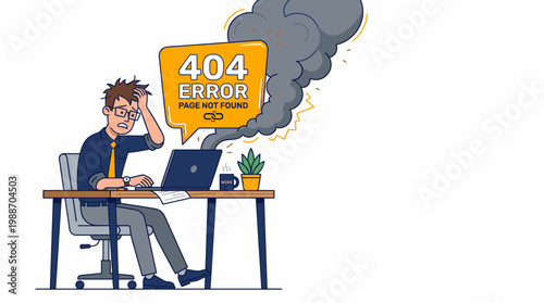 Frustrated Office Worker Experiences 404 Error Page Not Found on Laptop
