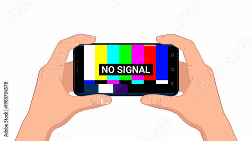 Hands Holding Smartphone Displaying Television Static No Signal Screen Test Pattern