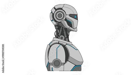 A futuristic robot with a metallic body and glowing blue eyes