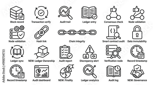 Blockchain technology icon set with record, transaction verify, audit, ledger, and node validation.