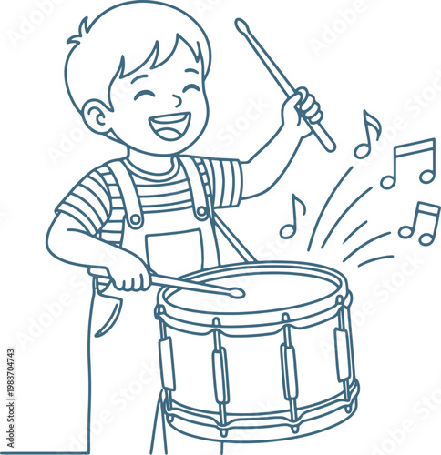A boy playing a drum with music notes