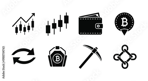 Black icons related to bitcoin and cryptocurrency