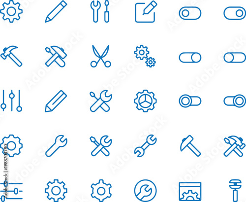 Obraz na płótnie Collection of blue outline icons for settings and tools representing gears wrenc