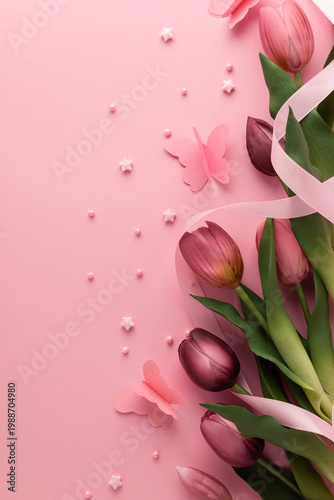 Tulips with Ribbon and Paper Butterflies on Pink Background