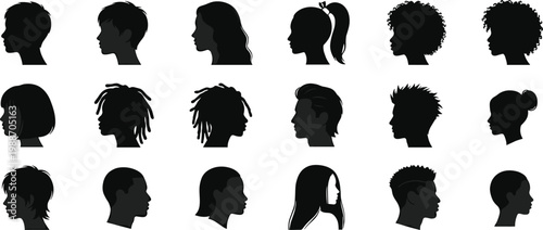 Human head profile silhouette illustration set, diverse hairstyle design, fashion hair art, beauty symbol graphic, flat vector drawing