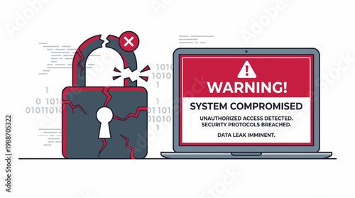 Cracked Padlock and Laptop Display Warning About System Compromise