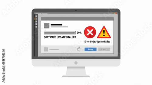 Computer Screen Shows Software Update Stalled with Error Message
