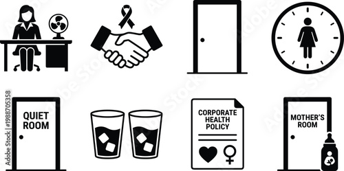 Office wellness icon set illustration, corporate health design, workplace support graphic, employee care concept, equality symbol art, flat vector illustration