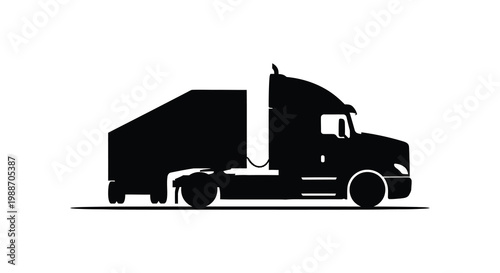 A striking black silhouette of a large semi truck with trailer side view silhouette