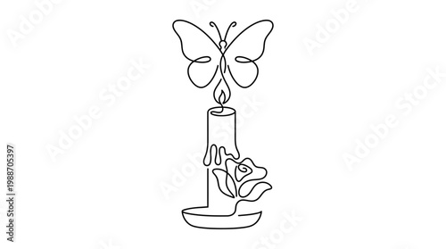 Single Continuous Line Candle Flame Transforming into Butterfly with Flower Wax Minimal Vector Illustration
