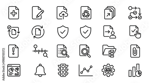Business document management and workflow automation thin line icons set for professional.