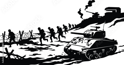 Wartime battlefield illustration, military combat design, tank and soldier art, invasion concept graphic, historical warfare symbol, black-and-white vector illustration