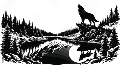 Wolf howling wilderness illustration, forest landscape design, mountain lake reflection art, nature solitude concept, wildlife symbol graphic, black-and-white vector drawing