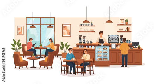 Coffee Shop Scene: A cozy coffee shop bustles with activity, where the aroma of freshly brewed coffee mingles with the cheerful chatter of patrons. Sunlight streams through large windows.
