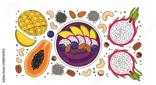 Vibrant Tropical Bowl: A beautifully arranged bowl of vibrant tropical fruits and nourishing ingredients. A feast for the eyes and a burst of flavor, celebrating healthy eating.