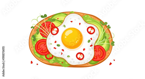 Avocado Toast with Sunny Side Up: A vibrant, culinary delight featuring a sunny-side-up egg nestled atop creamy avocado and fresh tomatoes on toasted bread, a perfect representation of a healthy.