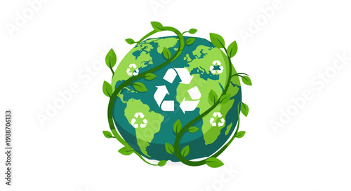 Eco-Friendly Earth: The globe, adorned with lush green vines and the universal recycling symbol, embodies the essence of environmental preservation and global harmony.