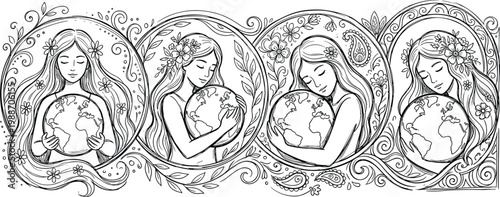 Earth care illustration set, harmony design concept, floral decorative art, planet protection graphic, nature connection symbol, black-and-white vector drawing
