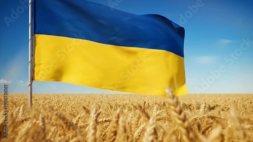 Golden Wheat Field Under Blue Sky With Ukrainian Flag Waving Gracefully In The Wind