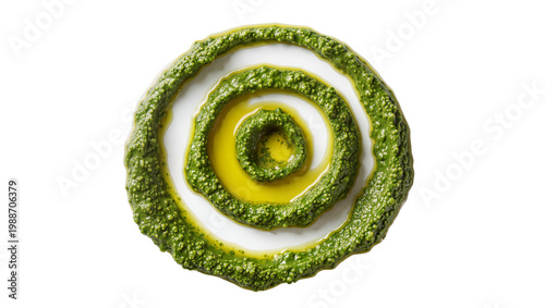 Foto Green pesto sauce swirled with olive oil, isolated on transparent background