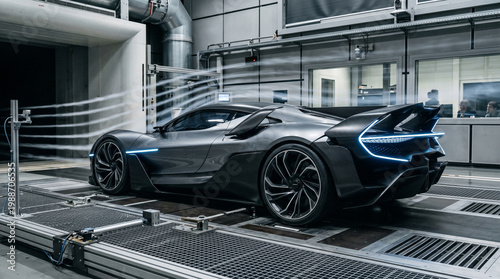 Side profile of a luxury grey sports car in a wind tunnel laboratory during aerodynamic laminar flow testing with aerodynamics technology automotive engineering supercar research development