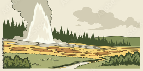 Yellowstone National Park Geyser Eruption USA – Powerful Thermal Explosion, Steam Clouds & Dramatic Nature Landscape | Geothermal Wonder, Wildlife & Adventure Travel Scene