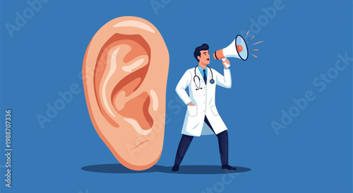 Doctor examining a large human ear.