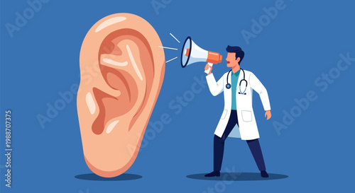Doctor using megaphone to amplify sound to ear.