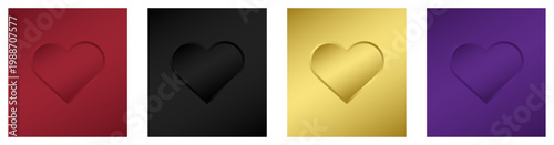 Minimalist square backgrounds featuring embossed heart shapes in red, black, gold, and purple colors